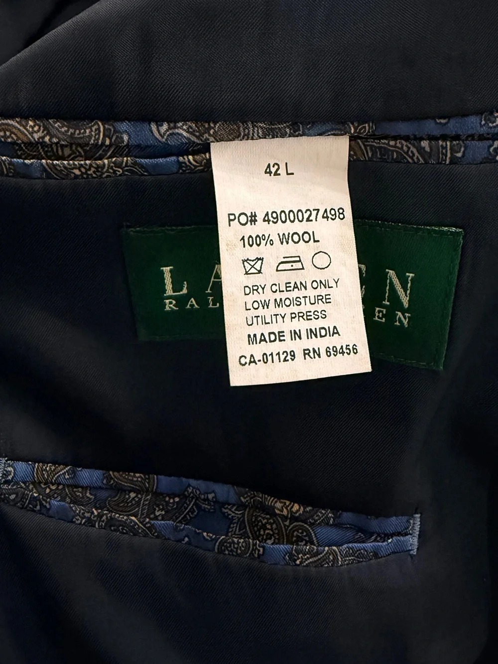 Lauren Ralph Lauren Men’s Blue Solid Wool 2-Button Blazer 42L